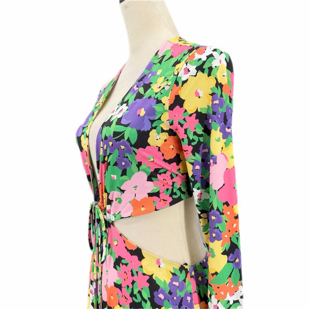 AFRM NEW Monique Neon Floral Cut Out V-neck Tie Front Long Sleeve Maxi Dress - Picture 7 of 12